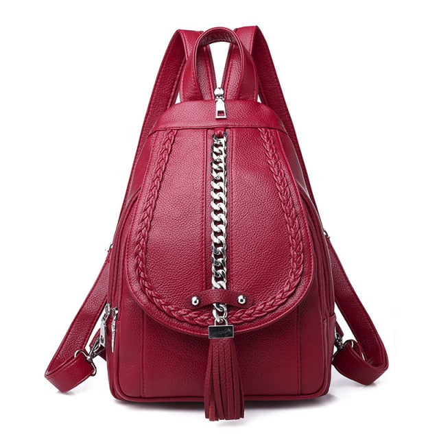 Women Backpack Soft PU leather multifunctional female shoulder bag Girl Chest bag travel backpack Chain tassel design mochila